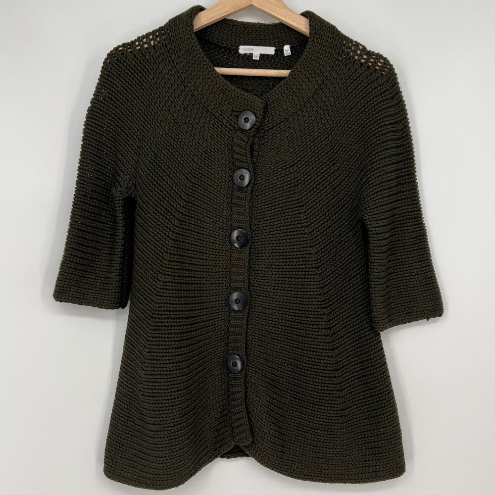 Vince Wool Blend Button Cardigan Womens Small Dark Green Half Sleeve Chunky Knit
